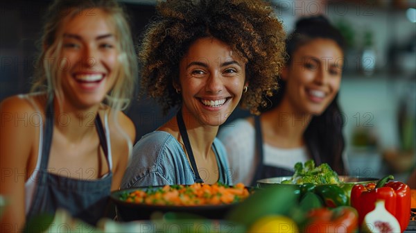 A happy group of friends engaging in cooking with a variety of vegetables in a kitchen, diversity concept, AI generated