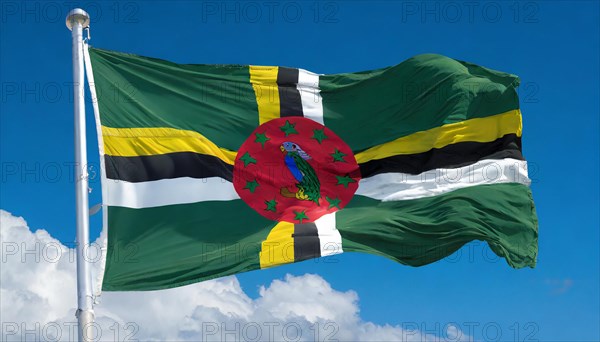 The flag of Dominica, Lesser Antilles, Caribbean, fluttering in the wind, isolated, against the blue sky