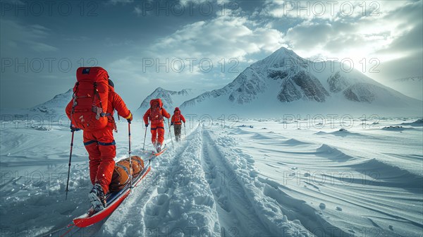 Explorers in bright orange gear journeying across a snowy arctic landscape, AI generated