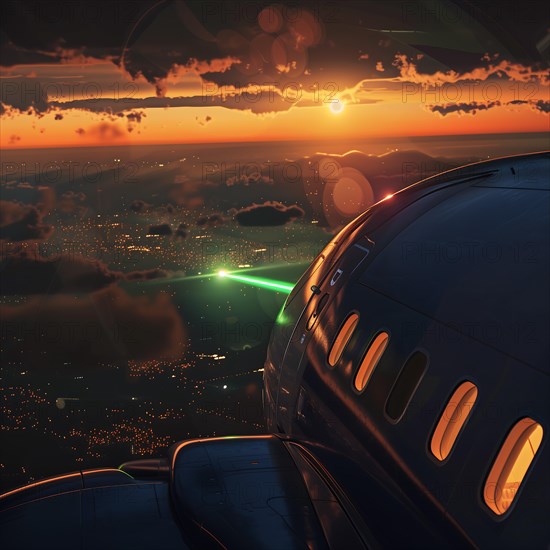 View from an aeroplane window of green laser beams over a city at night, laser attack on an airliner, AI generated