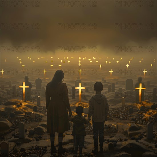 Two children and an adult figure looking at a cemetery in dim light, war, war graves, military cemetery, AI generated