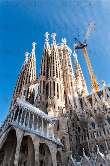 Passion facade of the Sagrada Familia basilica under construction, Roman Catholic basilica by Antoni Gaudi in Barcelona, Spain, Europe