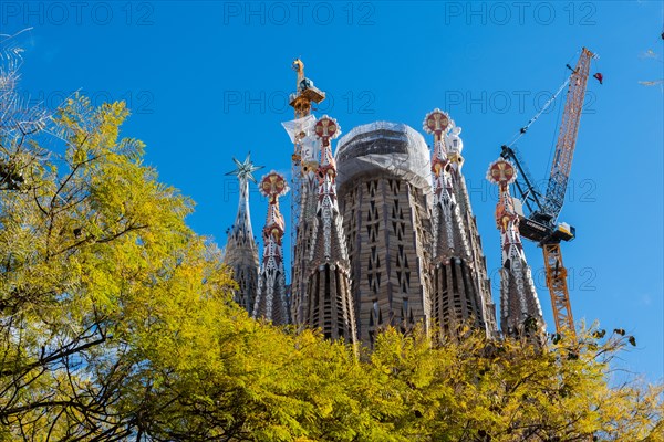 Towers of the Sagrada Familia basilica under construction, Roman Catholic basilica by Antoni Gaudi in Barcelona, Spain, Europe