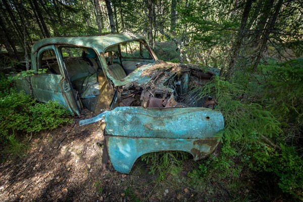 Ancient scrap car, Kyrkoe Mosse car graveyard, Ryd, Tingsryd, Kronobergs laen, Sweden, Europe