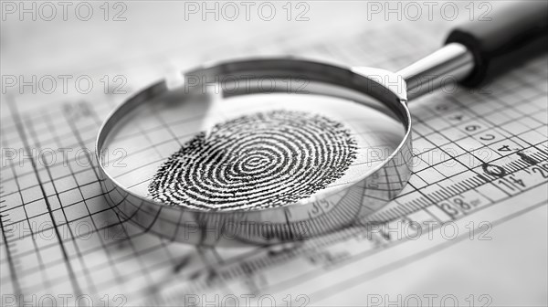 Magnifying glass resting on a fingerprint on paper. generative AI, AI generated