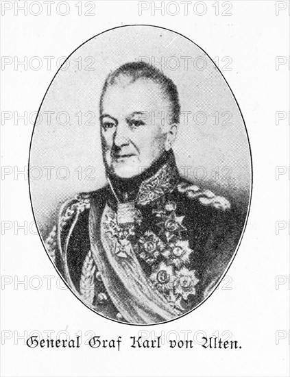 Portrait of General Count Karl von Alten, portrait of a man in military uniform with many medals and decorations, black and white print with visible halftone dots, historical illustration from 'Zur Erinnerung an die Koeniglich Hannoversche Armee und ihre Stammtruppen', commemorative sheet for the celebration of 19 December 1903, Meisenbach, Riffarth & Co., Germany, Europe