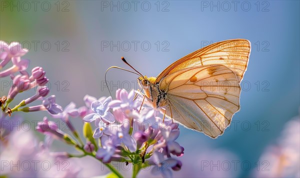 Close-up of a butterfly resting on lilac blossoms AI generated