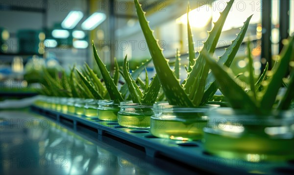 Close-up of aloe vera leaves in a laboratory setting AI generated