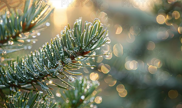 Close-up of pine needles covered in morning dew AI generated