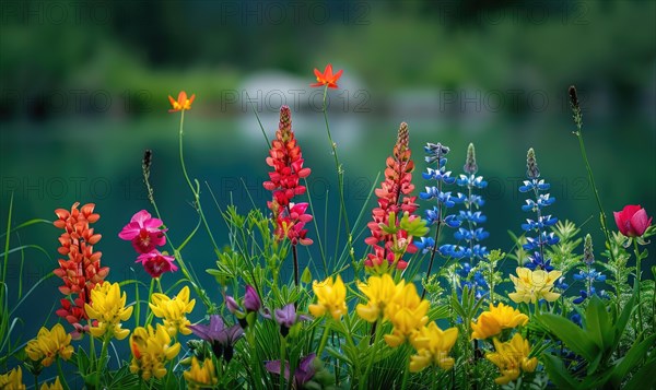 Close-up of vibrant wildflowers lining the banks of a spring lake AI generated