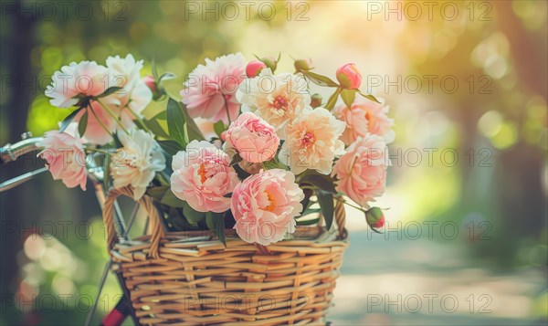 A vintage bicycle adorned with peony flowers in a basket AI generated
