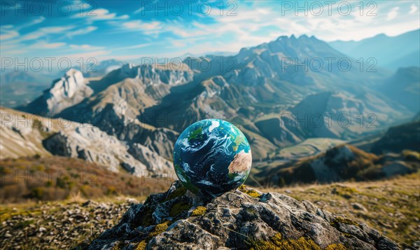 An Earth globe set against a mountain backdrop with a clear blue sky AI generated