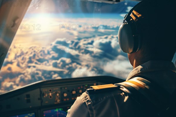 Back view of pilot in airplane cockpit. KI generiert, generiert, AI generated