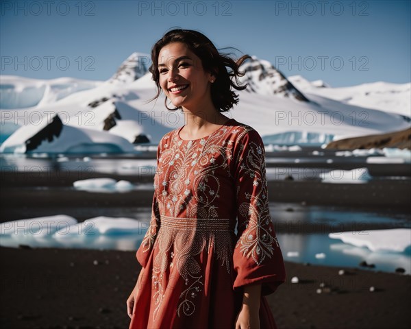 Portrait of a young woman smiling at camera in front of icebergs. ai generative, AI generated