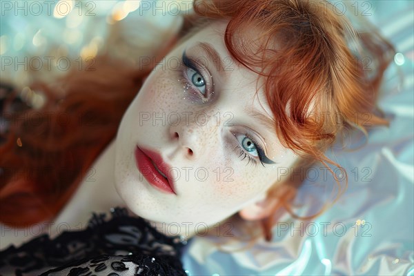 Beautiful woman with freckles, and red hair in elegant evening hairstyle. KI generiert, generiert, AI generated