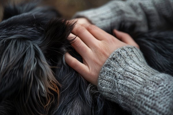 Close up of woman's hand patting dog. KI generiert, generiert, AI generated