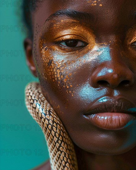 Intense look of a woman with artistic golden makeup and a snake on a teal background, blurry teal turquoise solid background, beauty product studio light, fashion artsy make up, high concept potraiture, AI generated