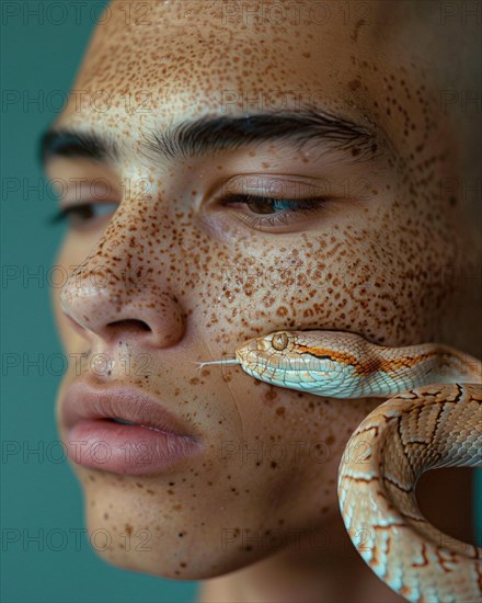 Somber portrait with fine details, featuring a calm expression and a snake on the shoulder, blurry teal turquoise solid background, beauty product studio lightning, fashion artsy make up, high concept potraiture, AI generated