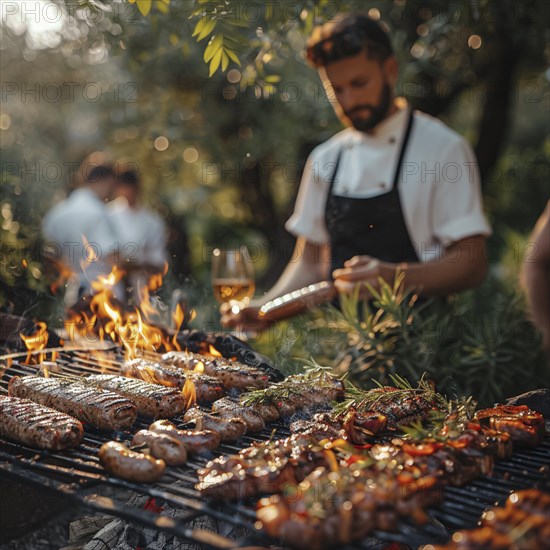 Barbecue party, guests with glasses in their hands stand around a chef who is grilling sausages and steaks, AI generated