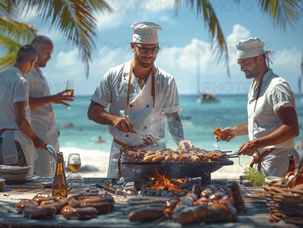 Barbecue party, guests with glasses in their hands stand around a chef who is grilling sausages and steaks, AI generated