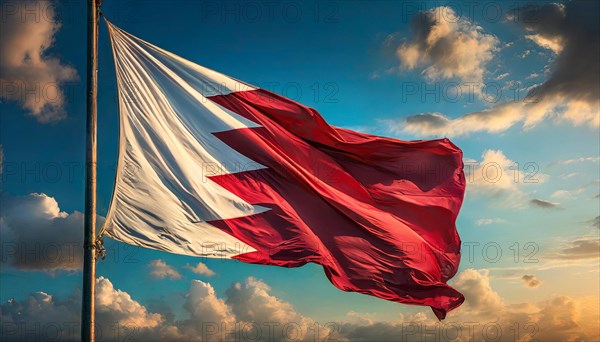 The flag of Bahrain flutters in the wind, isolated against a blue sky