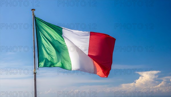 The flag of Italy flutters in the wind, isolated against a blue sky