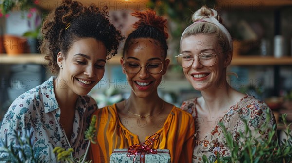 Three joyful women share a cheerful moment while holding a gift in a plant-filled room, AI generated