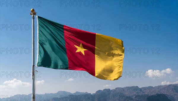 The flag of Cameroon, fluttering in the wind, isolated, against the blue sky