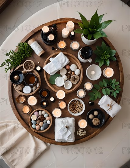 Overhead view of a tranquil wellness spa arrangement featuring candles, towels, and natural elements, AI generated