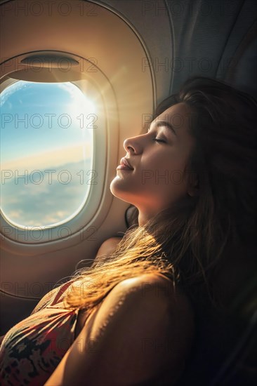 Woman sleeping relaxed at the aircraft window next to the bright sky outside, AI generated, AI generated