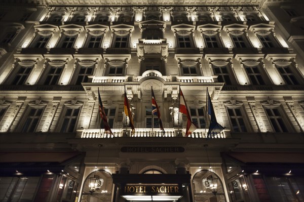 Night shot of the Hotel Sacher, Vienna, Austria, Europe