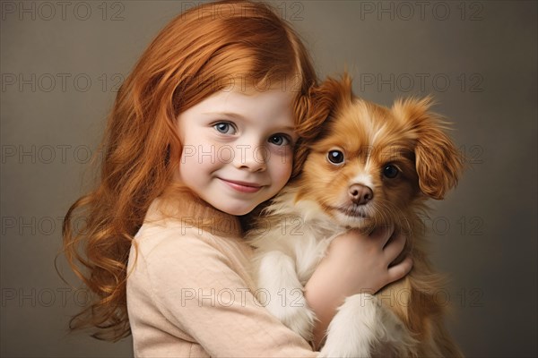 Girl with red hair hugging young dog. KI generiert, generiert, AI generated
