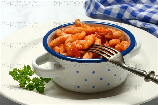 Malloreddus, Sardinian gnocchetti with tomato sauce in a bowl, traditional pasta variety from Sardinia, Italy, Europe