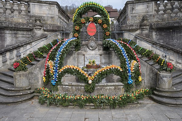 Easter fountain in front of the orangery garden of Ebrach Monastery, Ebrach, Lower Franconia, Bavaria, Germany, Europe