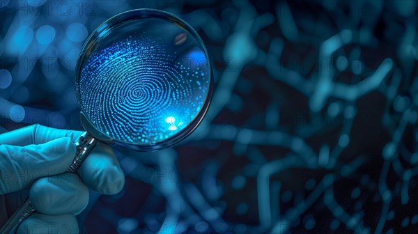 Crime scene with investigator wearing surgical glove viewing A fingerprint through the glass of a magnifying glass. generative AI, AI generated