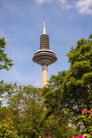 View of a television tower, modern radio tower during the day in Frankfurt am Main, Hesse Germany