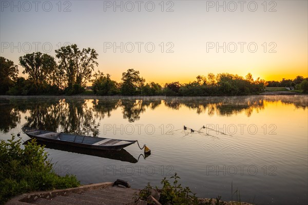 View of a river and its bank. the way to the city with a ferry. Landscape photograph of Seligenstadt, Hesse, Germany, Europe