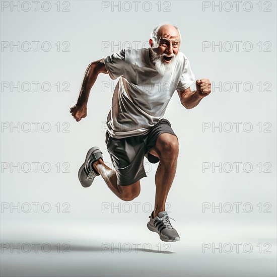 An old man in a grey sports outfit full of power in running action on a white background, start running, start, advertising, special offer, AI generated