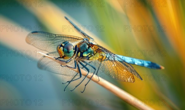 Close-up of a dragonfly perched on a reed AI generated