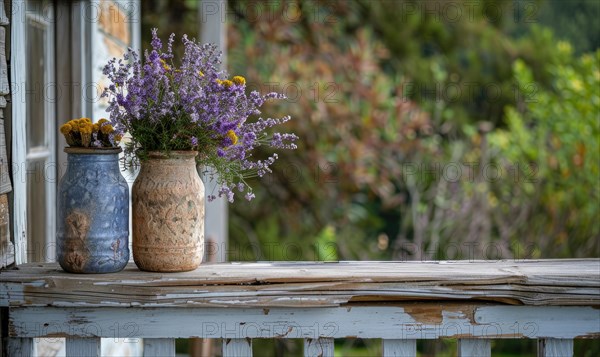 A weathered porch railing decorated with jars of lavender AI generated