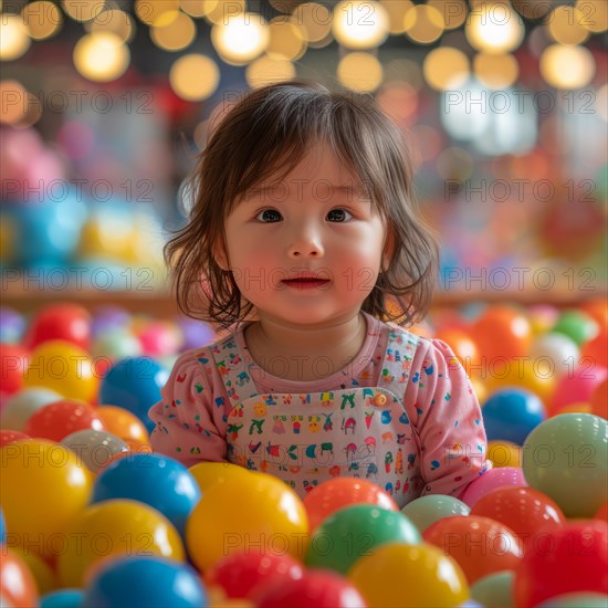 A joyful toddler in a colorful ball pit with bright lights in the background, AI Generated, AI generated
