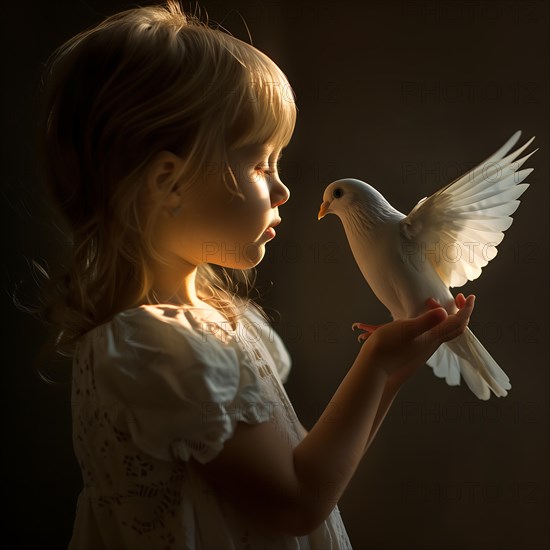 A child holding a dove, both illuminated by a beam of light in the dark, Destroyed houses, War, Dove of peace, AI generated