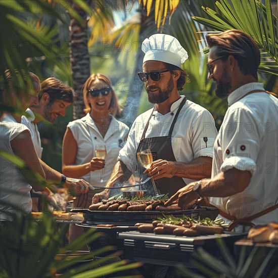 Barbecue party, guests with glasses in their hands stand around a chef who is grilling sausages and steaks, AI generated