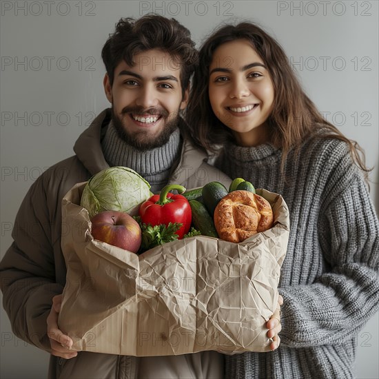 Shopping in supermarket with big paper bag full of vegetables and fruits, ai generated, AI generated