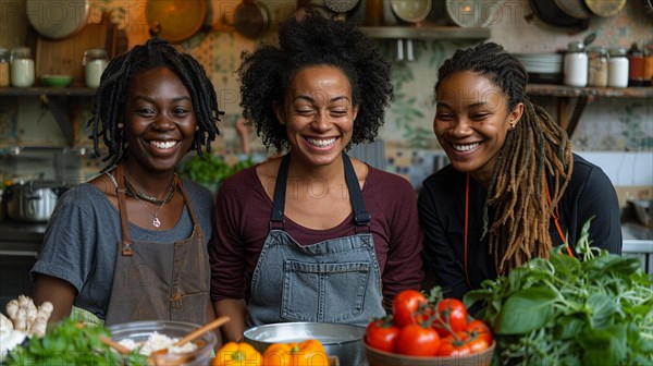 Smiling women friends preparing a meal with fresh vegetables in a cozy kitchen, AI generated