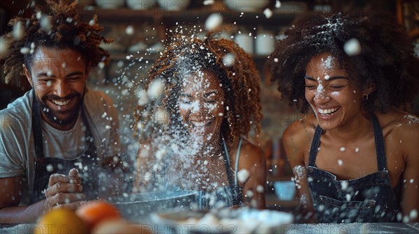 Joyful friends in a kitchen experiencing a playful moment with a flour explosion during baking, AI generated