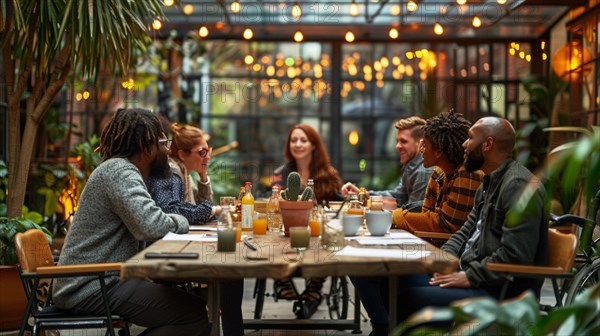 A diverse group of friends enjoying a meal together in a cafe adorned with string lights and plants, AI generated