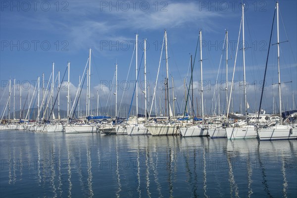 Sailboats on row in Alghero marina, Sassari Province, Sardinia, Italy, Mediterranean, South Europe, Europe