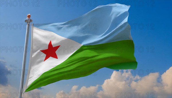 The flag of Djibouti, Djibouti flutters in the wind, isolated, against the blue sky