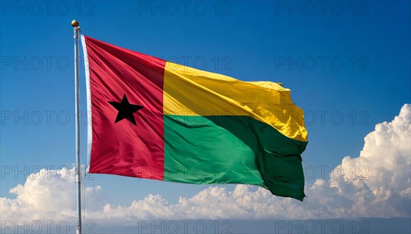 The flag of Guinea-Bissau, fluttering in the wind, isolated, against the blue sky